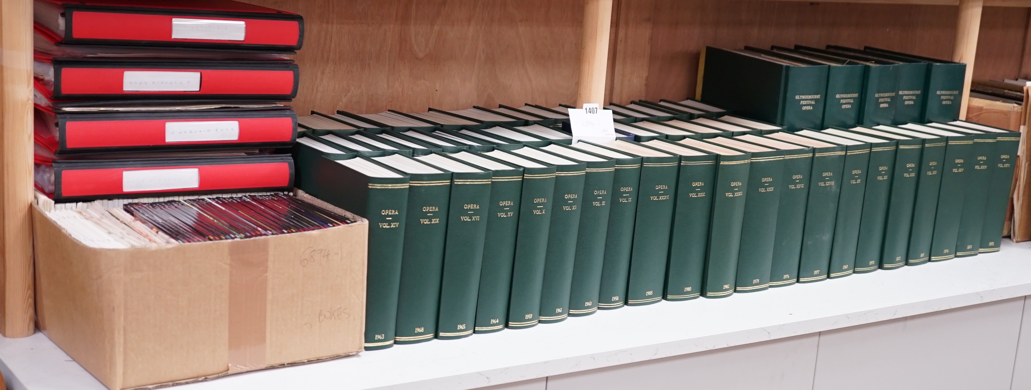 A collection of bound issues of the Opera and Ballet magazines (1948-49) and opera magazines c.1950-2010, bindings by Shepherds of Rochester Row, London, in green buckram. Approx 56 green bindings, 7 folders and 121 maga